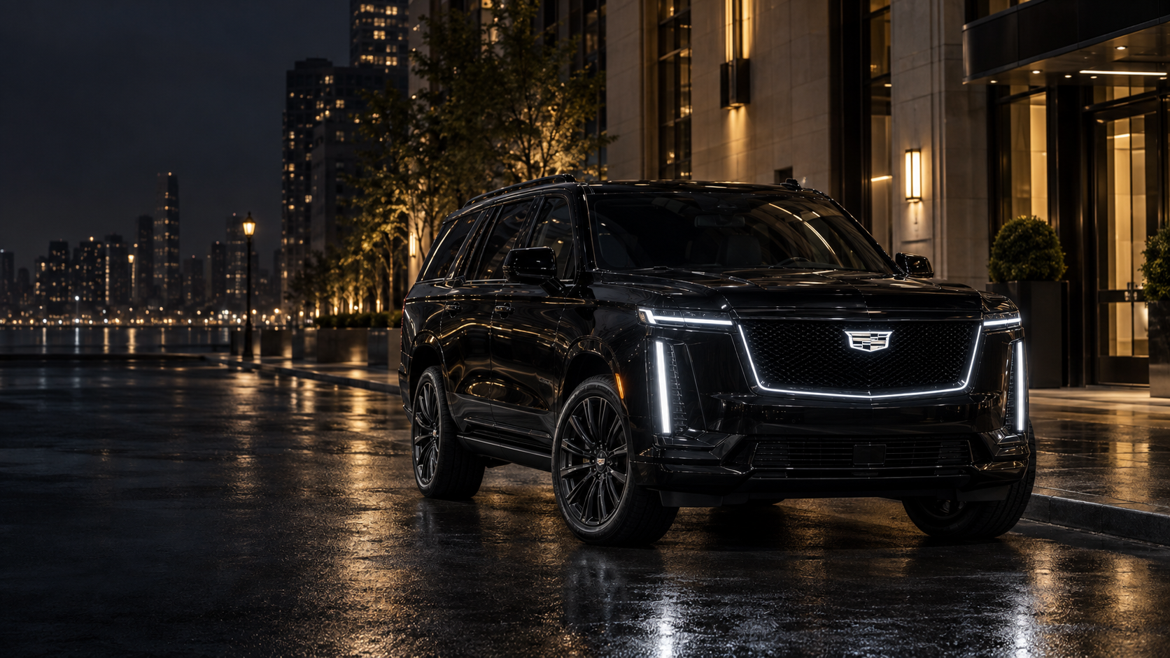 New-model black Cadillac Escalade parked on a luxury New York City street at night